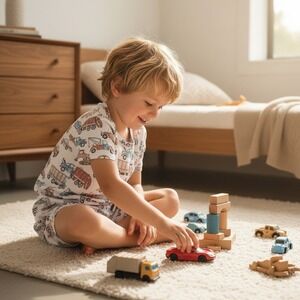 Kids Two Piece Truck Print Pajama Set NWOT Outfit Shorts White Blue Bamboo